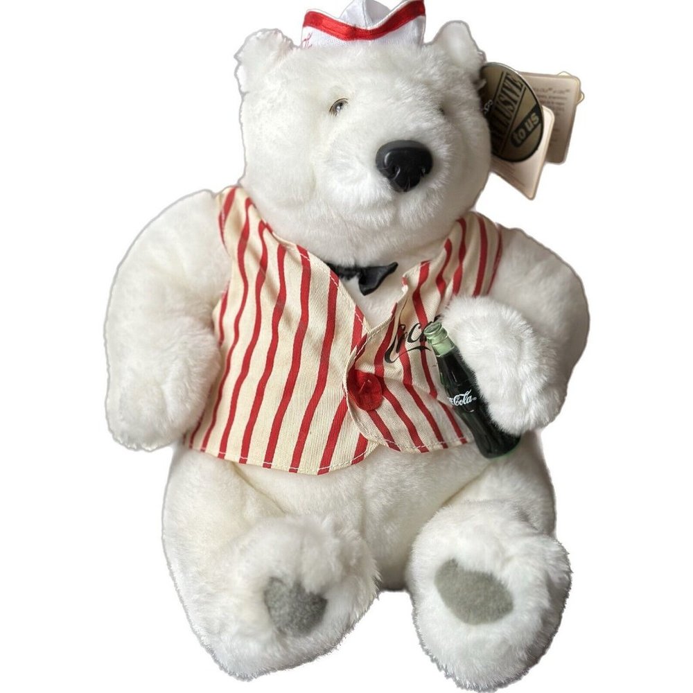 1998 Coca‎ Cola Polar Bear Plush Soda jerk Hat Vest & Coke Bottle Original Tags